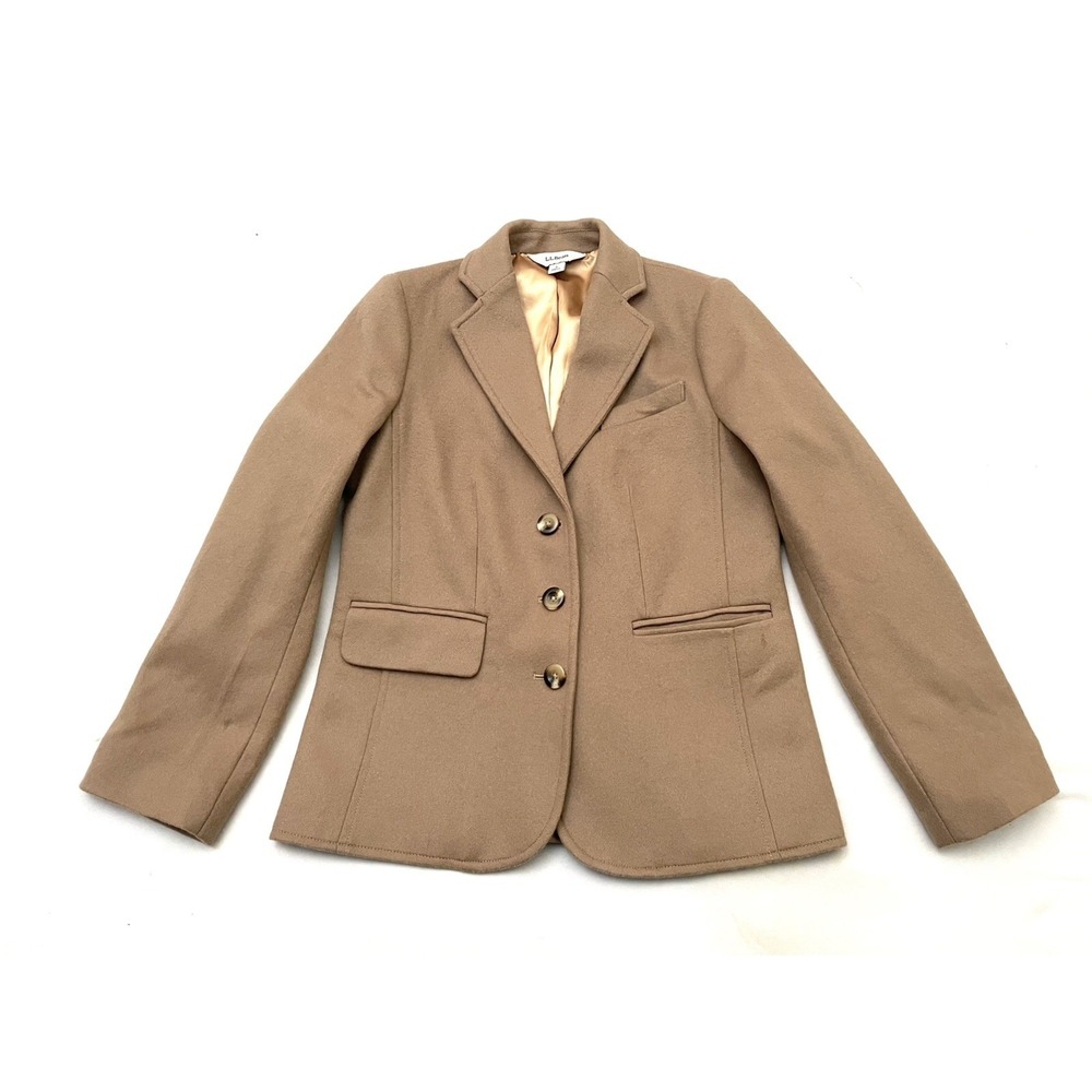 L.L. Bean Womens Wool Cashmere Blazer Size 4 Petite Brown / Tan 3 Button Pockets